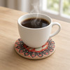 A detailed close-up highlighting the classical Persian miniature maiden artwork, warm crimson hues, and smooth glazed ceramic finish of the 9 cm coaster