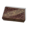 A detailed close-up highlighting the precision brass inlay, rich natural wood grain, and traditional craftsmanship of the storage box.