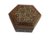 A small, octagonal Khatamkari ring box featuring intricate star patterns, perfect for a Persian wedding ceremony.