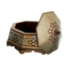 A rectangular wooden candy box covered in intricate Khatamkari geometric mosaic patterns with gold and silver accents.