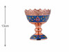 Elevated front view of a 13 cm premium copper pedestal candy bowl featuring traditional hand-painted Mes Pardaz floral enamel artwork and a pierced reticulated crown rim.