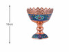 Front view of a 16 cm copper pedestal candy bowl featuring traditional hand-painted Mes Pardaz floral enamel artwork and a pierced reticulated crown rim.