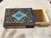 Detailed close-up of the delicate geometric inlay and hand-painted finish on a 11x8 cm Khatamkari box.