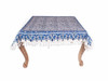 Blue and white fringed cotton tablecloth styled on dining table