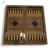 The interior 40 cm backgammon field shown open, revealing the intricate geometric inlays and high-gloss protective finish.