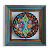 A detailed close-up highlighting the intricate hand-painted floral motifs, vibrant turquoise background, and textured details of the 18 cm ceramic plate.