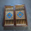 A 40x40 cm luxury wooden game set featuring a rare blue Tazhib hand-painted backgammon and Khatamkari chess board.