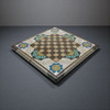 Handmade wooden game board with blue hand-painted Tezhib patterns, Khatamkari inlay, and shell detailing