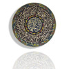 A premium 30 cm handmade clay plate featuring intricate Islamic calligraphy surrounded by a vibrant, multi-colored floral mosaic for office decor.