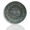 Close-up of the tiny, hand-painted floral dots and the elegant Arabic script on the 30 cm handcrafted clay wall plate.