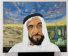 A detailed 50x70 cm acrylic on canvas painting showcasing a dignified portrait of H.H. Sheikh Zayed set against a background of iconic UAE buildings.