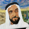 Hand-painted acrylic artwork of H.H. Sheikh Zayed featuring UAE architectural landmarks in a classic 50x70 cm format.