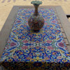 Close-up view of the detailed printed velvet texture and rich mosaic tile floral motifs on a 130x50 cm decorative table runner.