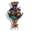 Product photo of the hand-painted miniature copper samovar set, showcasing the stacked assembly of the tiered samovar body, matching tea pot, separate elegant pouring jug, and small rinse bowl resting on a curved, matching decorative tray, isolated on a clean white background.