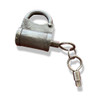 A handcrafted vintage metal lock with a cylindrical iron body and an authentic old-style iron key.