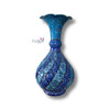 hand-painted enamel surface, highlighting the layered arabesque scrollwork, micro-floral patterns, and vibrant azure glaze pathways on the copper base.
