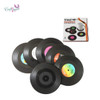 Retro-style vinyl disk coasters, a novelty and absorbent drink mat set for music enthusiasts.