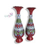 Product photo of the 30 cm hand enamel painted copper premium design flower vase set, showcasing a matching pair of bulbous teardrop-shaped vessels with flared scalloped rims, decorated with tiered bands of red, olive green, and white geometric floral fields filled with blue rosettes, isolated on a clean white background.