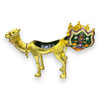 Close-up of a golden metal camel statue featuring assorted patterned enamel and rhinestones.