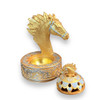 Ornate golden resin incense burner with horse sculpture, ideal for elegant home decor.