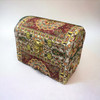 A professional product presentation of the 16x10 cm Termeh fabric inlaid wooden box against a vibrant yellow backdrop.