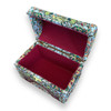 A 16x10 cm wooden box covered with traditional handmade Termeh fabric featuring intricate paisley and floral patterns.