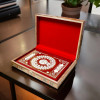 A stunning 40x30 cm wooden storage box designed for sacred books, adorned with intricate geometric patterns and Ayat Al Kursi.