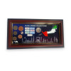 Decorative wall-hanging frame featuring U.A.E. coins, banknotes, and silhouette of Dubai landmarks.