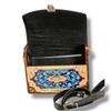 Unique statement fashion accessory: hand-painted leather shoulder bag with structured wooden panels and circular handle from Craftihouse