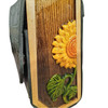 Luxury Handmade Leather & Wood Bag with Sunflower Carving Artisan Detail View