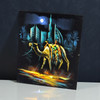 Detailed view of a desert camel hand-painted in glowing oil colors on a matte black velvet canvas.