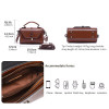 Product specification diagram for the brown leather satchel showing its 19.8cm length, 12.5cm height, and 8.5cm depth.