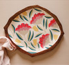 Top-down view of a handcrafted lotus-inspired mango wood tray measuring 36x30x3 cm with a palm motif interior.