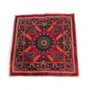 A 100x100 cm square red wool tablecloth featuring intricate handmade Pateh Dozi needlework and a central sunburst medallion.