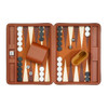 An open view of the tan leather backgammon set showing the playing chips, dice, and two leather dice cups.