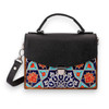 A Front View Of The "Golestan" Handbag Featuring A Hand-Painted Floral Wooden Panel And Black Natural Cow Leather.