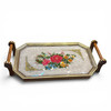 Lifestyle arrangement showcasing the 40x24 cm handcrafted marquetry tray styled as an elite gift hamper base filled with luxury treats, serving as an upscale housewarming token or boardroom hospitality display.