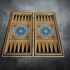 A monumental 60x60 cm luxury wooden game set featuring full Khatamkari inlay and a blue Tazhib backgammon interior.