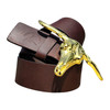 The handmade natural brown leather belt shown as a sophisticated accessory for a modern professional look.