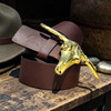 A premium handmade natural leather belt in a rich brown color featuring a polished silver-tone buckle.
