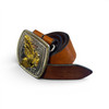The handmade natural leather belt with a golden falcon buckle shown as a prestigious accessory for a professional look.