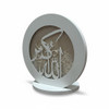Close-up of the fine sculptural lines defining the Arabic script silhouette meaning God is the Greatest on the decorative lunar night light.