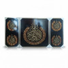 Front studio layout of a premium 3-piece Islamic wall art triptych set featuring an expansive center frame with Ayat Al-Kursi calligraphy flanked by two vertical side panels containing the 4 Qul surahs.
