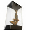 Detailed view of the traditional craftsmanship on the Khanjar dagger inside its protective, high-clarity acrylic display stand.
