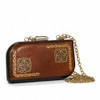A 19x10 cm brown genuine leather clutch featuring hand-painted golden corner motifs and a matching chain strap against a white background.