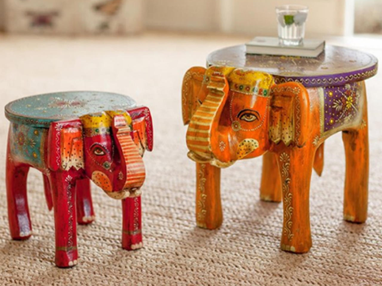 Elephant stool , hand painted wooden elephant side table