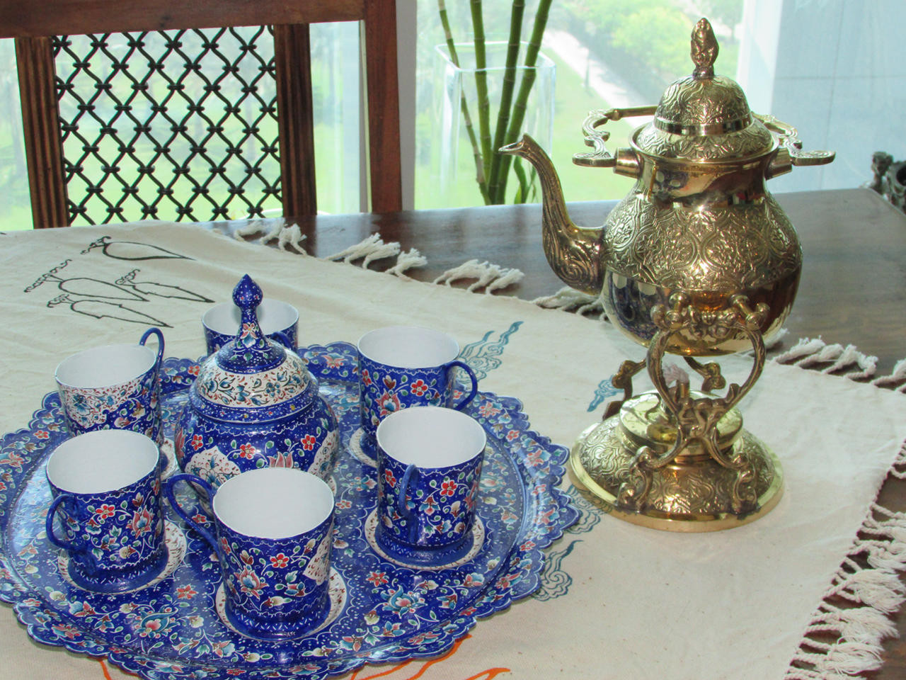 Vintage Brass Teapot Kettle On Stand With Burner Ornate Design