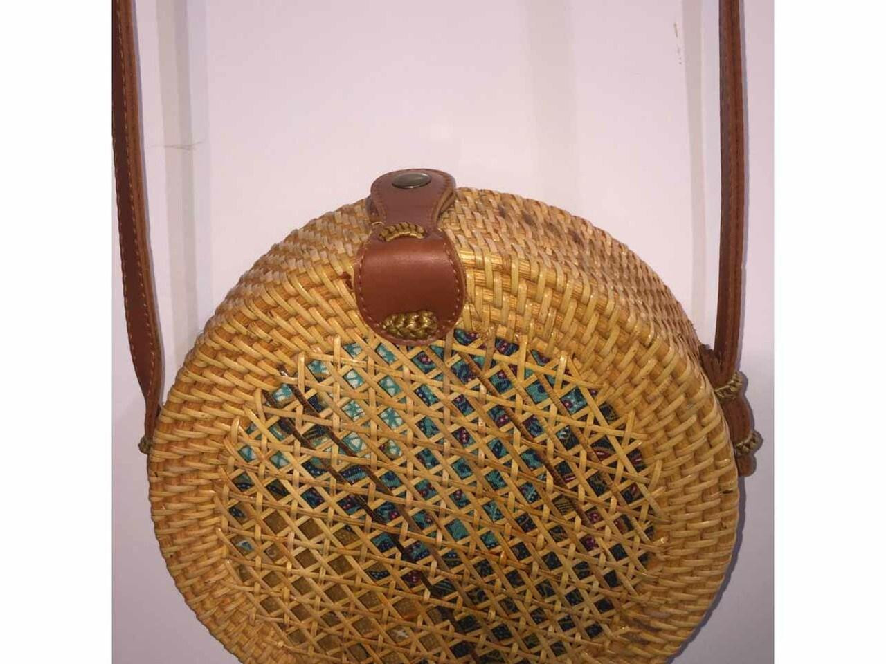 Leather Round Wicker Purse Round Rattan Bag, Boho Straw Purse