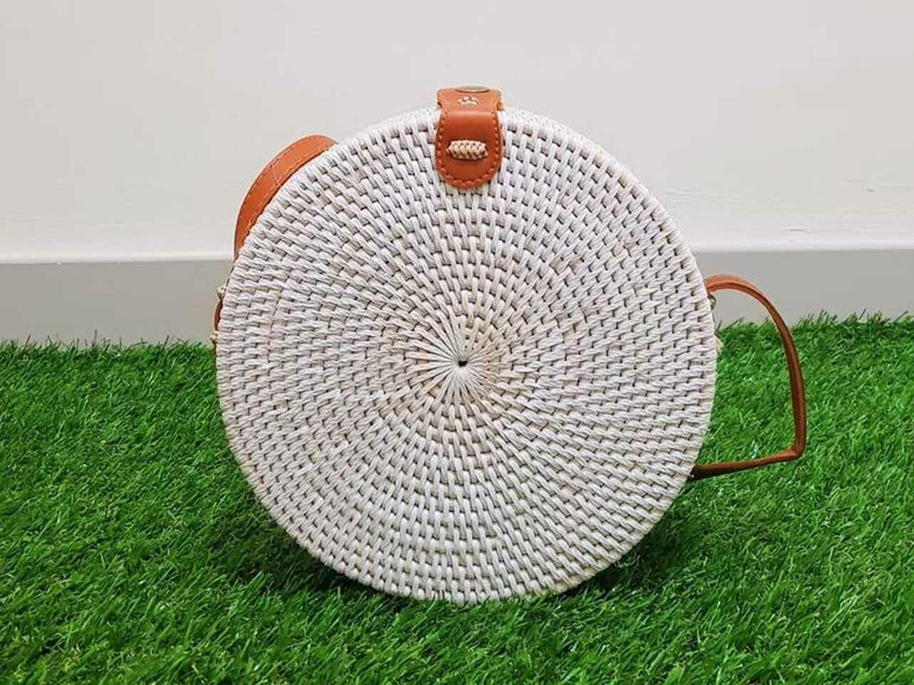 Boho White Round Rattan Bag Handwoven Straw Shoulder Bag