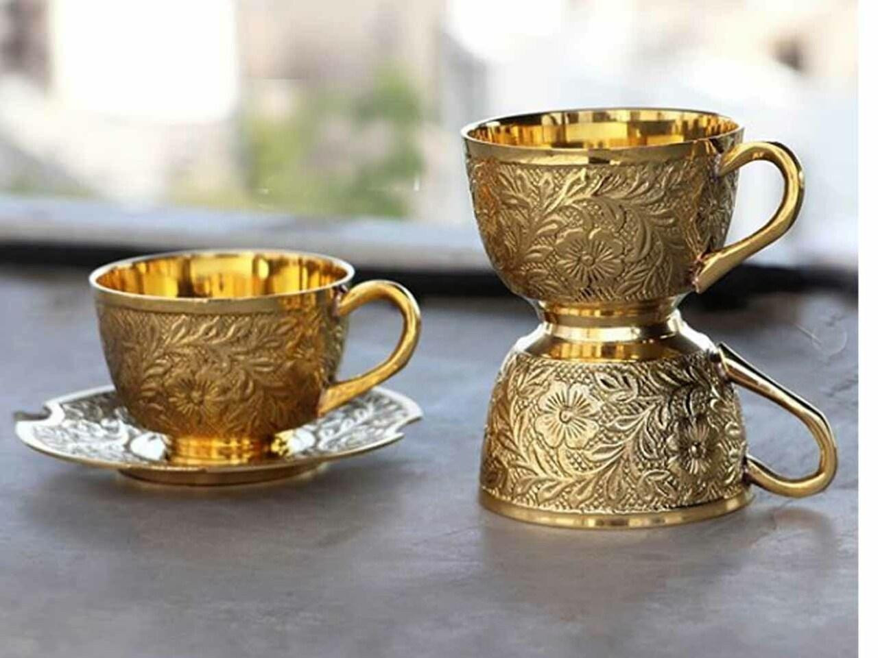 Engraved Brass tea cup and saucer , gift for her